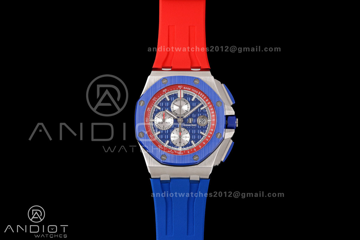 Royal Oak Offshore 44mm SS Blue Ceramic Bezel JF 1:1 Best Edition Blue/Red Dial on Rubber Strap A3126